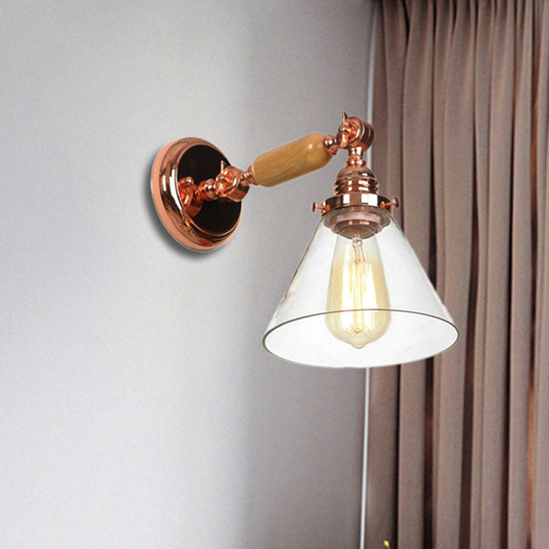 Rose Gold Industrial Cone Wall Sconce With Clear Glass - 1 Bulb Lighting Fixture