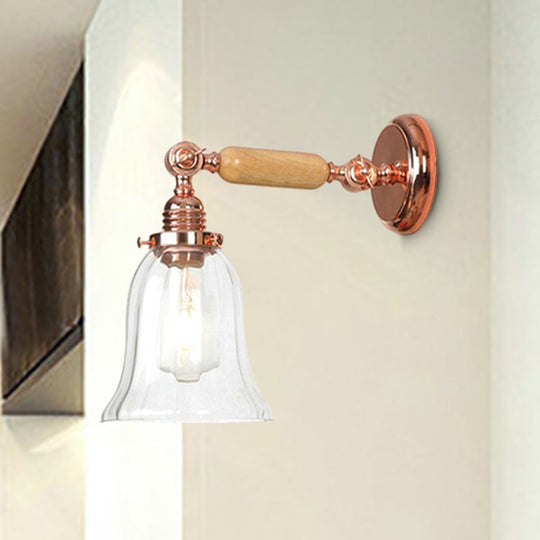 Vintage Style Prismatic Glass Sconce Light With Extendable Arm - Clear Bell Wood Wall Lamp Fixture