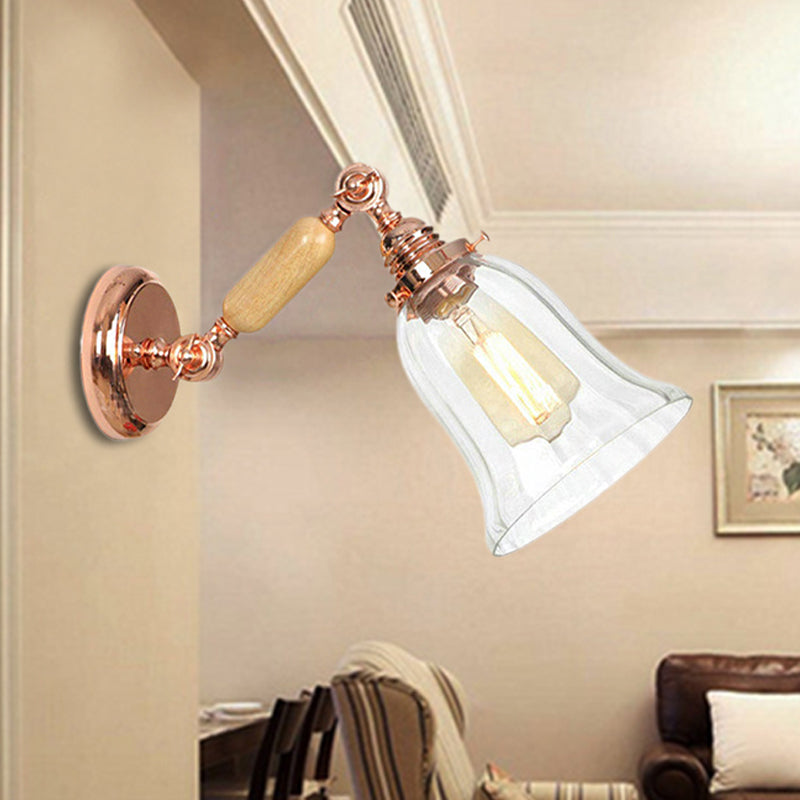 Vintage Style Prismatic Glass Sconce Light With Extendable Arm - Clear Bell Wood Wall Lamp Fixture