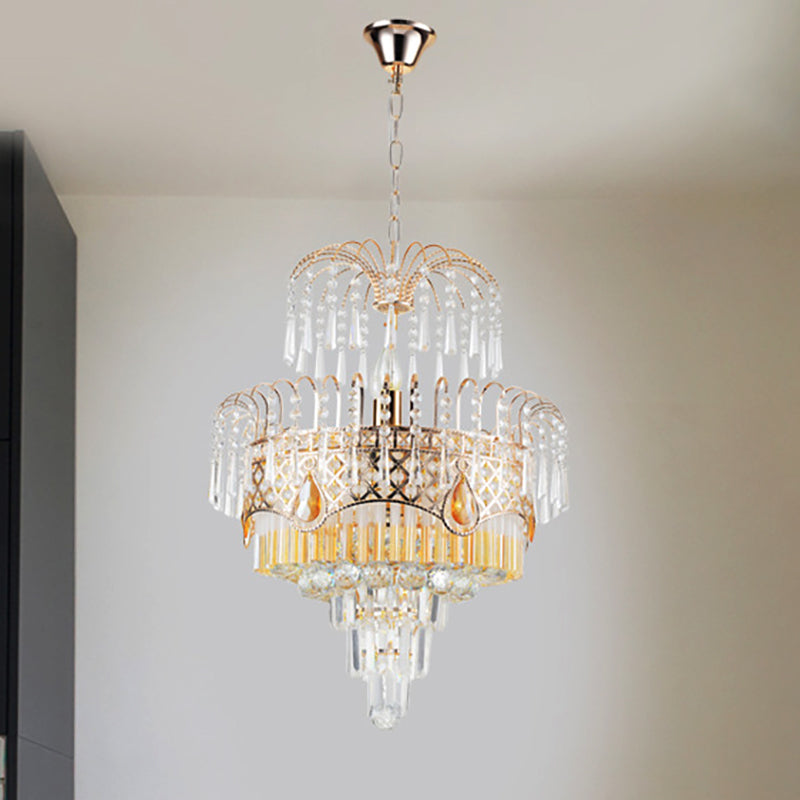 Modern Gold Chandelier Light With Layered Crystal Shade - 3/7 Lights Dining Room Ceiling Lamp