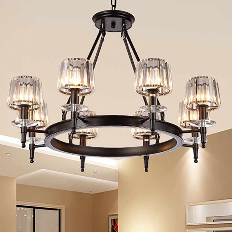 Vintage Black Barrel Hanging Light: Metal Chandelier with Prismatic Glass Shades - 3/6/8 Lights