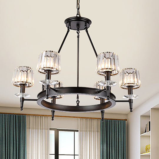 Vintage Black Barrel Hanging Light: Metal Chandelier with Prismatic Glass Shades - 3/6/8 Lights