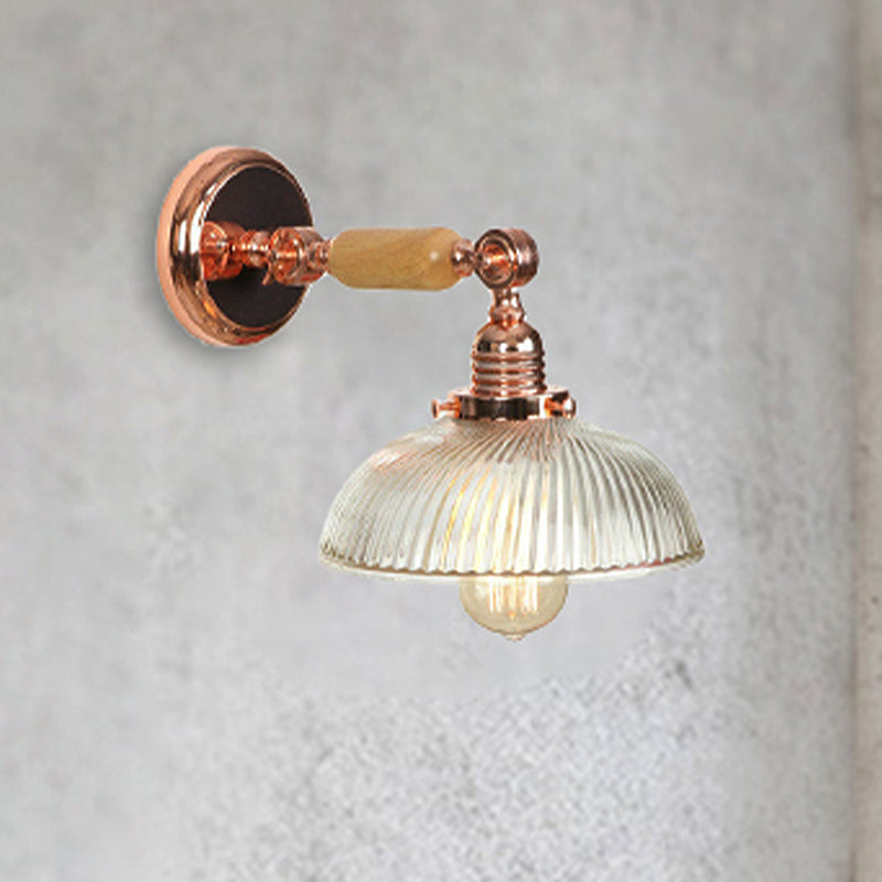 Ribbed Glass Sconce Light Fixture - Farmhouse Style Rose Gold Wall Lamp