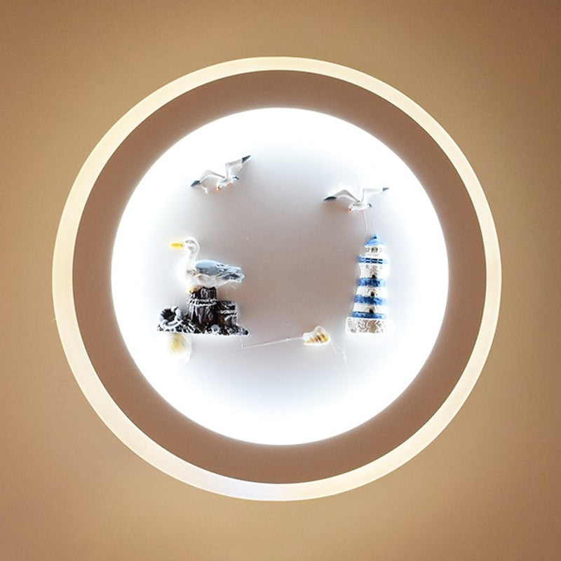 Nautical Sea Acrylic Led Circle Wall Light In Stylish White For Child Bedroom