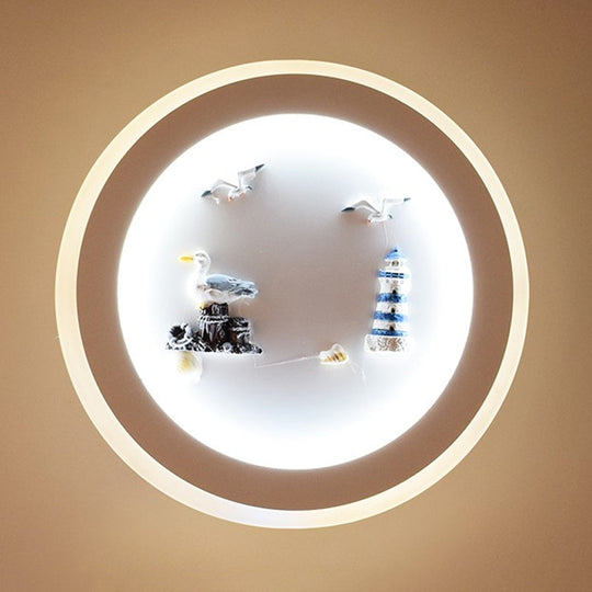 Nautical Sea Acrylic Led Circle Wall Light In Stylish White For Child Bedroom