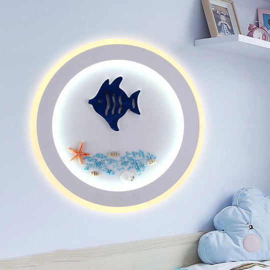 Nautical Sea Acrylic Led Circle Wall Light In Stylish White For Child Bedroom / A