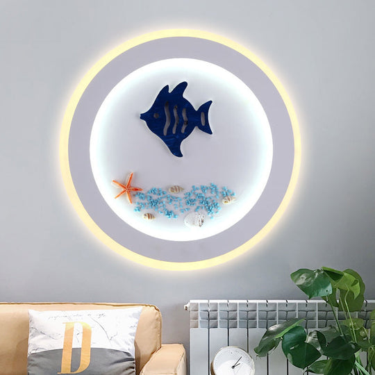 Nautical Sea Acrylic Led Circle Wall Light In Stylish White For Child Bedroom