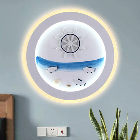 Nautical Sea Acrylic Led Circle Wall Light In Stylish White For Child Bedroom