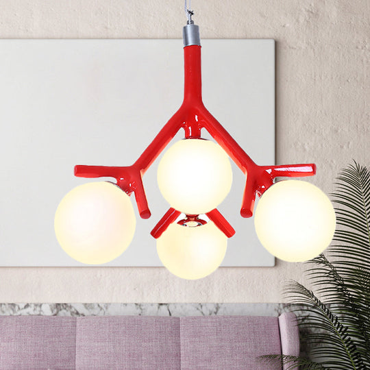 Modern Metal Branch Pendant Light With Orb Shade: Kid Bedroom Chandelier (4 Heads)