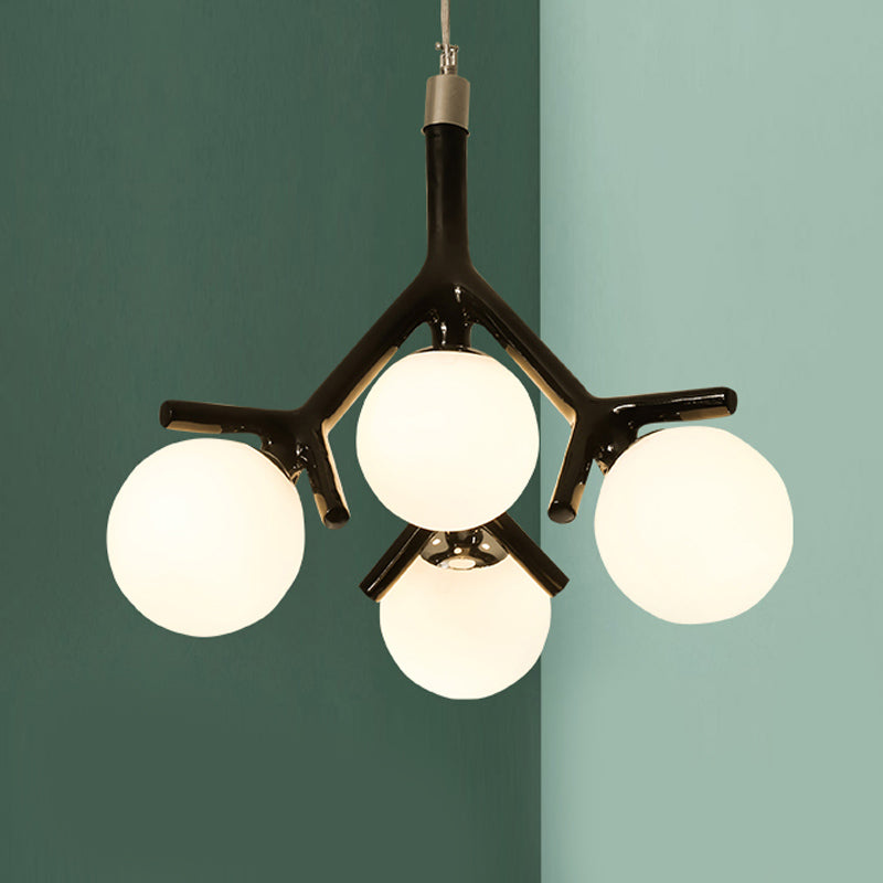 Modern Metal Branch Pendant Light With Orb Shade: Kid Bedroom Chandelier (4 Heads) Black