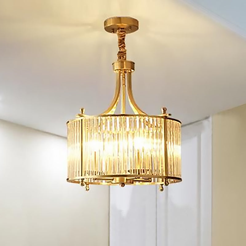 Nordic Crystal Rod Drum Chandelier - Brass 4-Light Hanging Ceiling Light For Dining Room