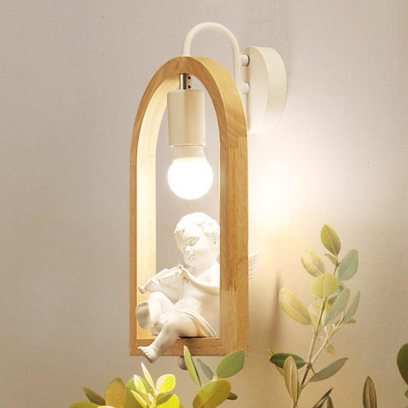 Modern One-Light Wood Arched Wall Lamp For A Childs Bedroom With White Sconce Lighting / B