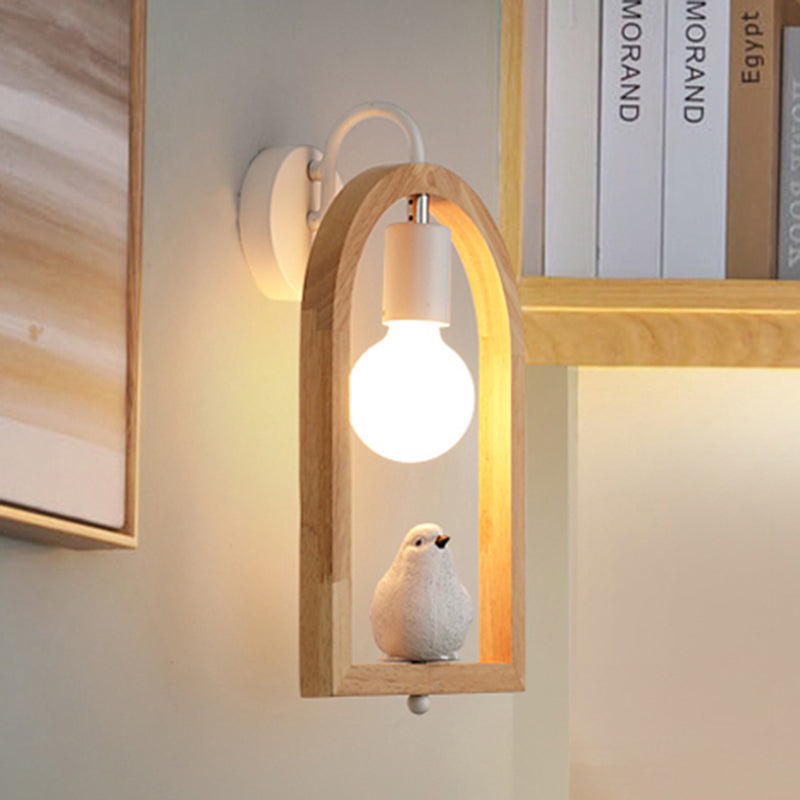 Modern One-Light Wood Arched Wall Lamp For A Childs Bedroom With White Sconce Lighting / A