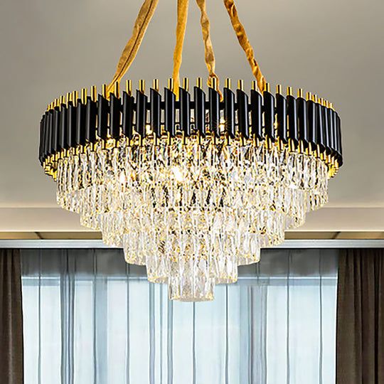 Lustre conique moderne avec accents en cristal - Suspension de plafond noire à 4 lumières pour salon