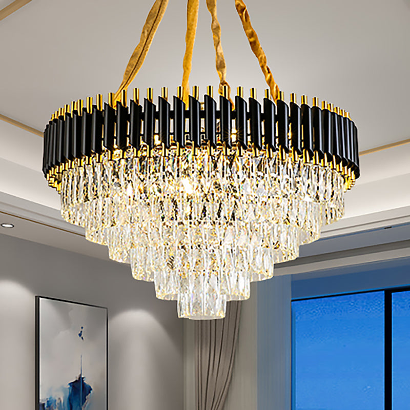 Lustre conique moderne avec accents en cristal - Suspension de plafond noire à 4 lumières pour salon