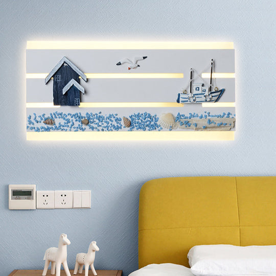 Nautical Led Wall Lamp With Wooden Panel For Kids Bedroom - Sea View Design In White / Warm