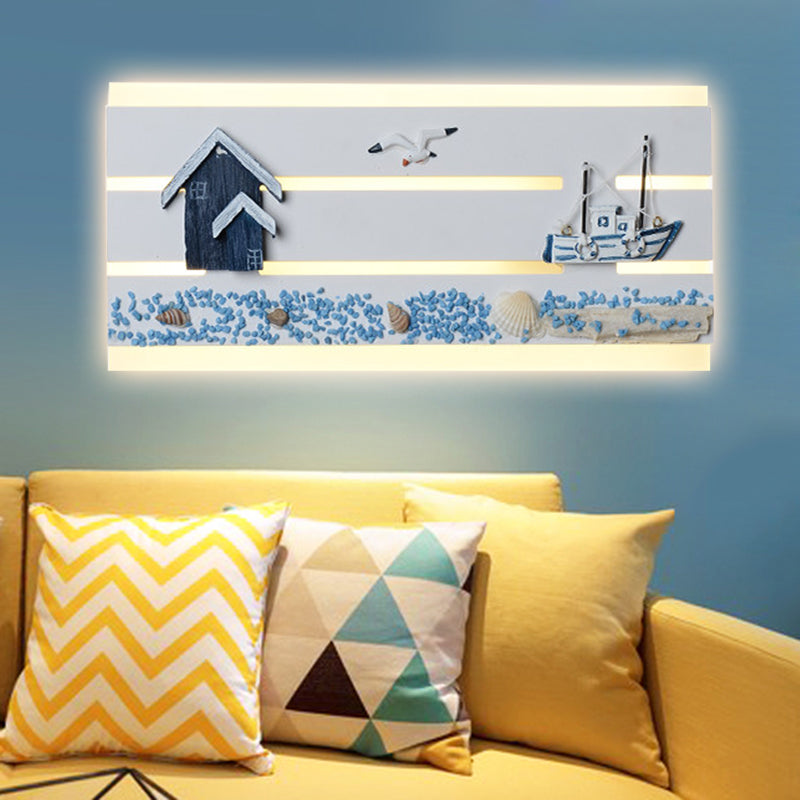 Nautical Led Wall Lamp With Wooden Panel For Kids Bedroom - Sea View Design In White