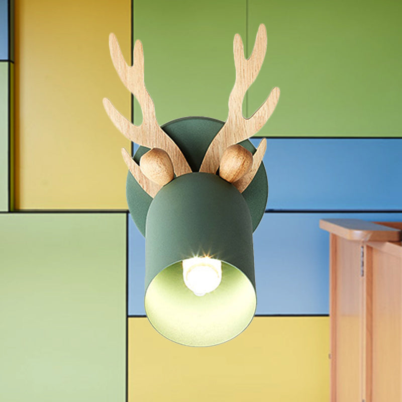 Nordic Stylish Wall Light Sconce With Tapered Shade And Antler Detail For Living Room Green