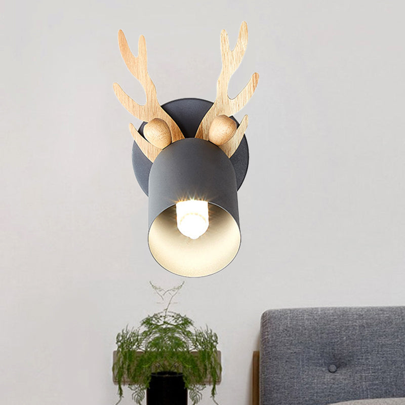 Nordic Stylish Wall Light Sconce With Tapered Shade And Antler Detail For Living Room