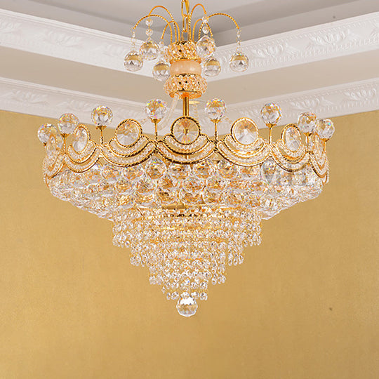 Lustre moderne en forme de cône en cristal - Plafonnier doré à 10 lumières pour salle à manger