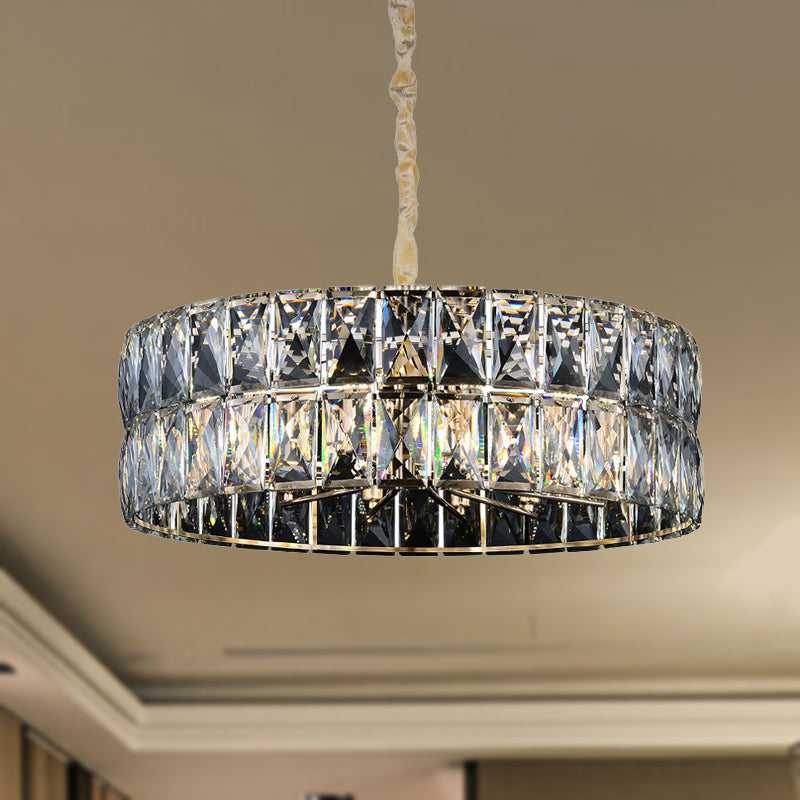 Postmodern Faceted Crystal Drum Chandelier - 8-Light Gold Ceiling Pendant