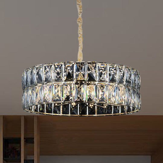 Postmodern Faceted Crystal Drum Chandelier - 8-Light Gold Ceiling Pendant