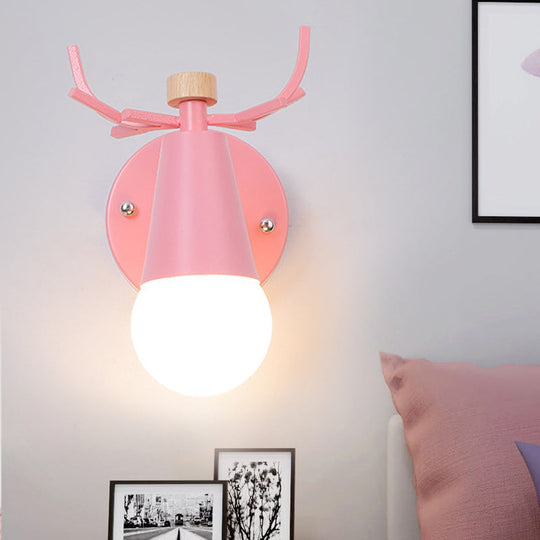 Metal Small Cone Wall Light With Rotatable Deer Horn - Nordic Style For Kids Bedroom 1 Lamp Pink