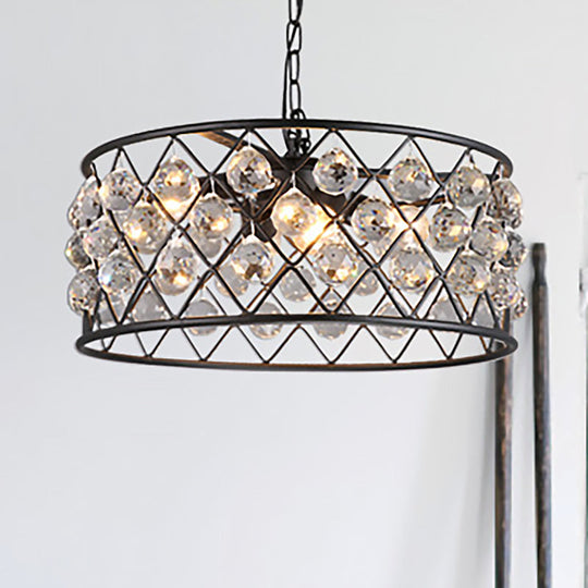 Lustre rond noir moderne avec cadre en fer, métal et cristal - 4 lumières