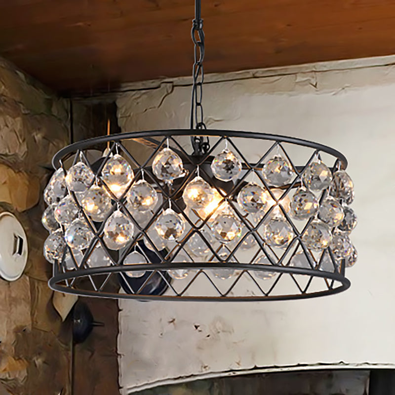 Lustre rond noir moderne avec cadre en fer, métal et cristal - 4 lumières