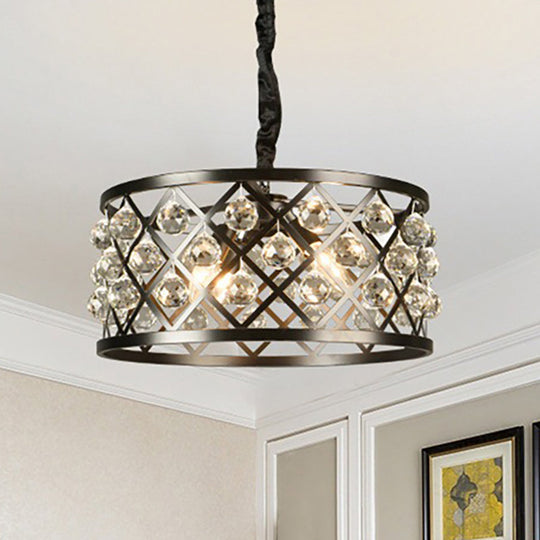 Lustre de plafond rond en métal et cristal - Lampe noire à 4 lumières pour salle à manger