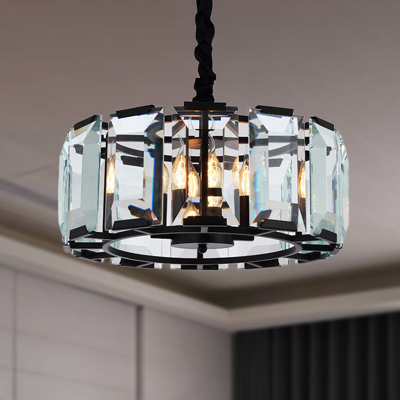 Antique Style Crystal Block Drum Ceiling Light Fixture - 4 Lights Black Chandelier For Bedroom