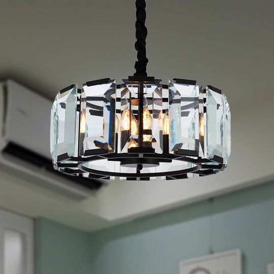 Antique Style Crystal Block Drum Ceiling Light Fixture - 4 Lights Black Chandelier For Bedroom