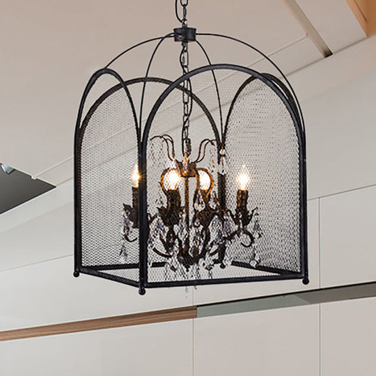 Lustre cage en maille noire moderne avec accents en cristal - Kit d'éclairage suspendu à 4 têtes pour salon