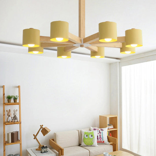 Modern Wood Cylindrical Kids Bedroom Pendant Light With Shade - Ceiling Chandelier