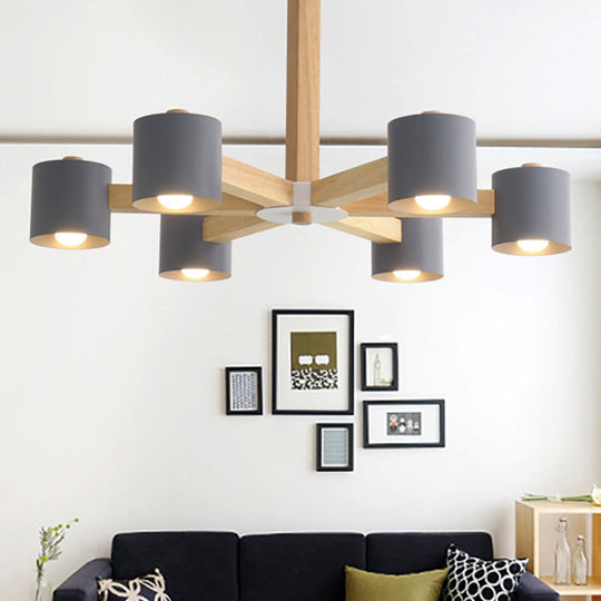 Modern Wood Cylindrical Kids Bedroom Pendant Light With Shade - Ceiling Chandelier