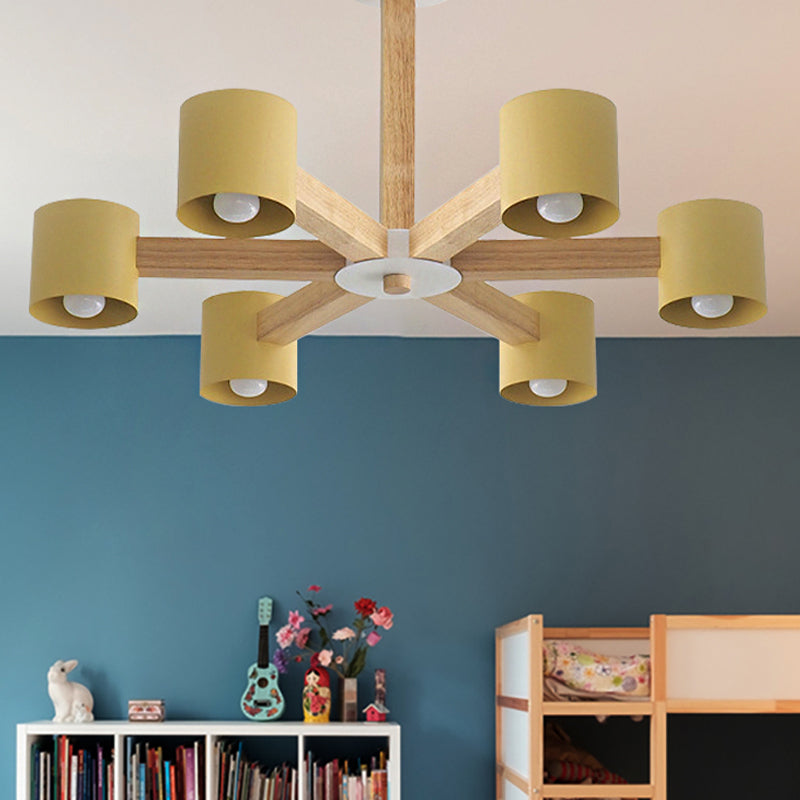 Modern Wood Cylindrical Kids Bedroom Pendant Light With Shade - Ceiling Chandelier