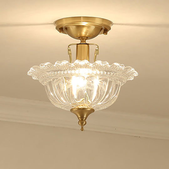 Contemporary Brass Ceiling Flush Mount with Flared Semi Flush Ruffle Glass Shade - 1 Light