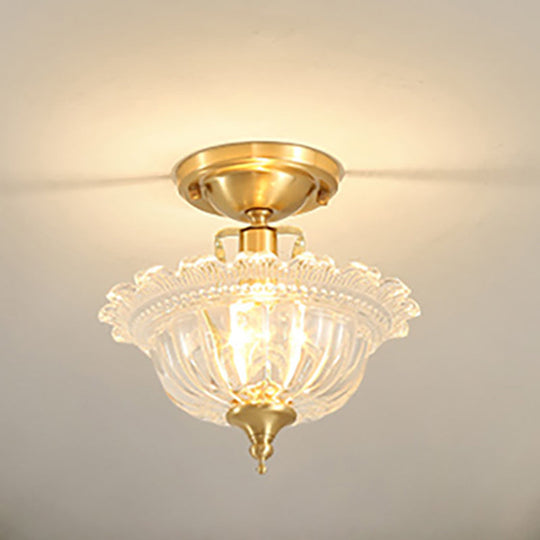 Contemporary Brass Ceiling Flush Mount with Flared Semi Flush Ruffle Glass Shade - 1 Light