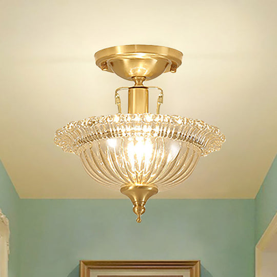 Contemporary Brass Ceiling Flush Mount with Flared Semi Flush Ruffle Glass Shade - 1 Light