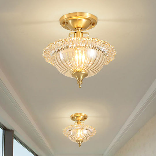 Contemporary Brass Ceiling Flush Mount with Flared Semi Flush Ruffle Glass Shade - 1 Light