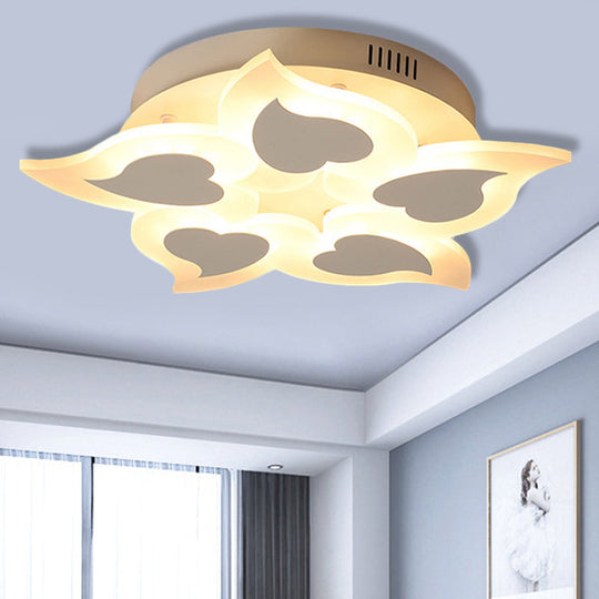 White Modern Baby Room Flush Ceiling Light With Heart Petal Design - Acrylic Pretty Lamp