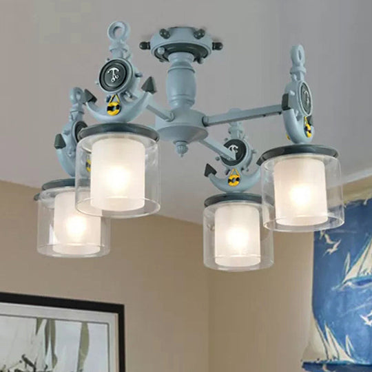 Blue Glass Cylinder Ceiling Lamp - Nautical Style Flush Mount Light For Hallway (4 Lights) / 24.5