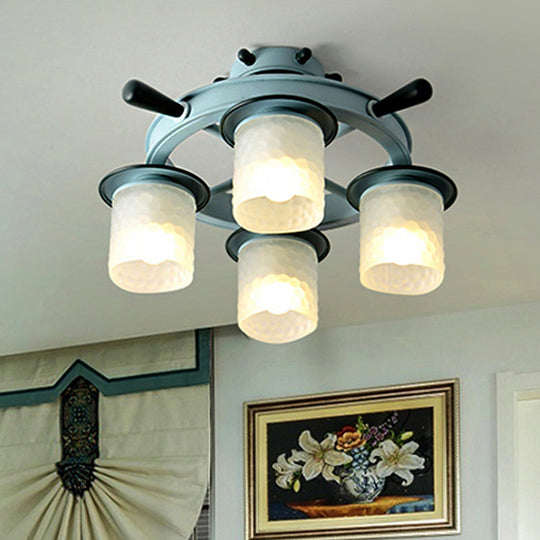 Blue Glass Cylinder Ceiling Lamp - Nautical Style Flush Mount Light for Hallway (4 Lights)