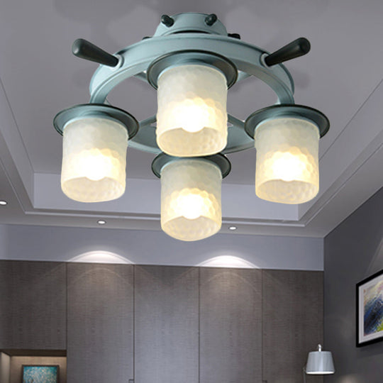 Blue Glass Cylinder Ceiling Lamp - Nautical Style Flush Mount Light for Hallway (4 Lights)