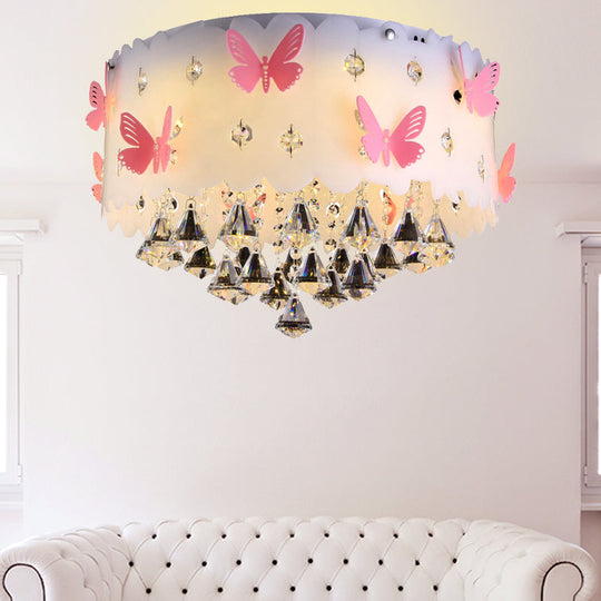 Sparkling Pink Butterfly Ceiling Lamp for Girls' Bedroom - Decorative Flush Mount with Glittering Crystals