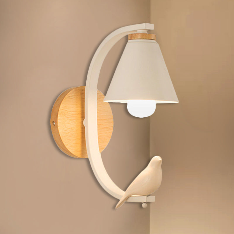 Nordic Conical Wall Light With Bird Design - 1 Head Metal Sconce For Bedroom And Hallway White