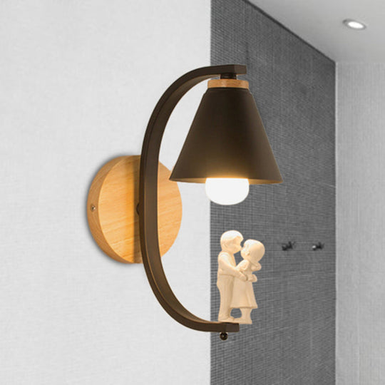 Romantic Cone Shade Wall Sconce With Metal Couple Detail - Ideal For Study Room Lighting Black