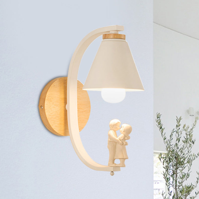 Romantic Cone Shade Wall Sconce With Metal Couple Detail - Ideal For Study Room Lighting White