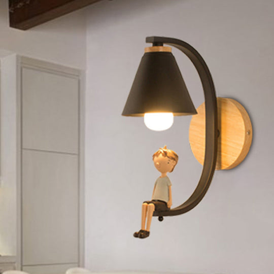 Boy Deco Cone Shade Sconce Light: 1 Head Wall Lamp For Childs Bedroom Or Foyer