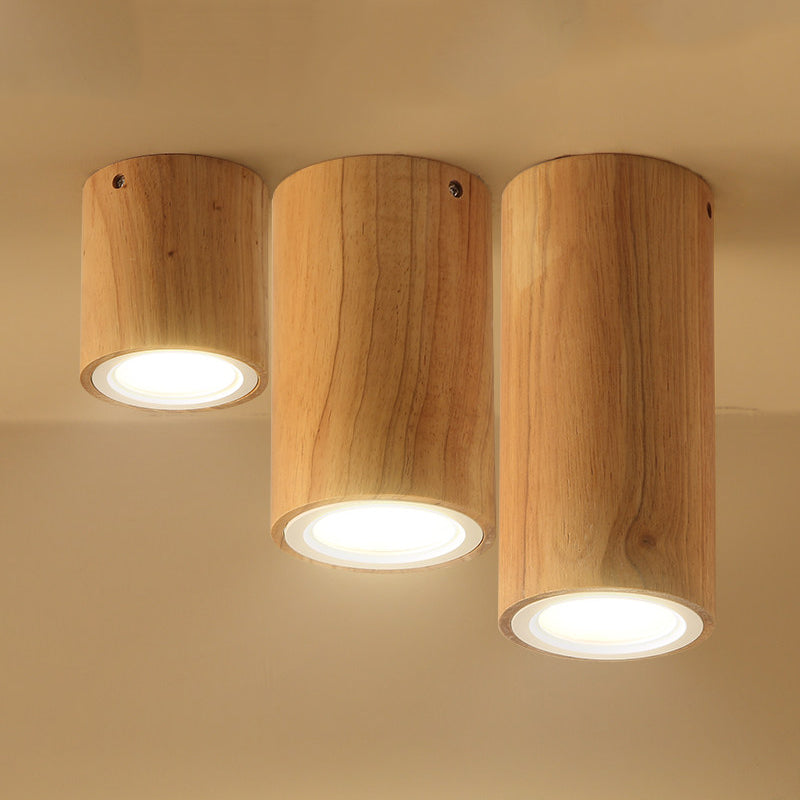 Beige Wood Cylinder Down Light - Asian Inspired Flush Mount For Dining Room